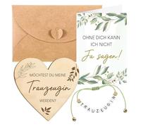 PLUSHCEWT Juego de regalo para dama de honor, con placa de madera en forma de corazón, pulsera, tarjeta y sobre, romántico con texto en alemán "Willst du meine Trauzeugin sein sein"