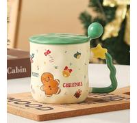 PLUSHCEWT Taza de Café de Navidad, Taza de Té de Cerámica con Asa de Estilo Navideño de Dibujos Animados, Taza de Navidad con Tapa y Cuchara, 380ml (Verde)