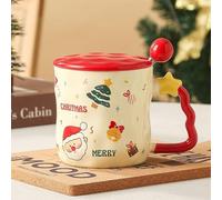 PLUSHCEWT Taza de Café de Navidad, Taza de Té de Cerámica con Asa de Estilo Navideño de Dibujos Animados, Taza de Navidad con Tapa y Cuchara, 380ml (Rojo)