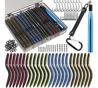 PLUSINNO Kit de señuelos de pesca de gusano loco de 5.5 pulgadas, señuelos de pesca de plástico suave, anzuelos de larva, aparejo loco, lubina, trucha, gusanos, señuelos con caja de aparejos-A