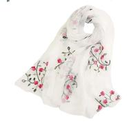 Pluto & Fox Fular De Mujer Bordado Con Flores Bufanda De Seda Diseño Retro Elegante Pañuelo cuello Estola (Blanco, 75cm*175cm)