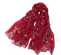 Pluto & Fox Fular De Mujer Bordado Con Flores Bufanda De Seda Diseño Retro Elegante Pañuelo cuello Estola (Granate, 75cm*175cm)