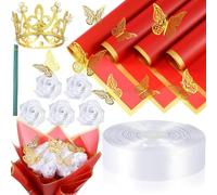 Pluuttiem 74 Piezas de Ramo de Rosas Artificiales para Hacer Mismo, Ramo de Flores de Cinta Falsa de 1-1/2 Pulgada, Cinta de Satén con Borde Dorado, Papel de Regalo