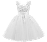 PLWEDDING Encaje V Volver Tul Vestido De Niña De Flores Junior Niñas Dama De Honor Boda V, Blanco, 12-13 Años