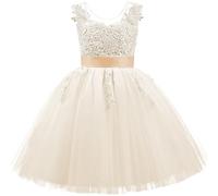 PLWEDDING Encaje V Volver Tul Vestido De Niña De Flores Junior Niñas Dama De Honor Boda V, champán, 6-7 Años