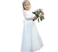 PLWEDDING Vestido de niña de flores de encaje de lujo para niñas de boda una línea de vestidos de primera comunión, Blanco, 6-7 Años