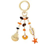 PLwelth Llavero de playa dorado con diseño de estrella de mar y estrella de mar, llavero temático del océano para bolsos, llavero costero novedoso para mujeres y niñas, bolsa de viaje de verano