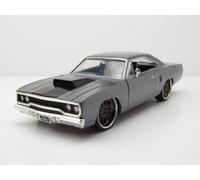 Jada Toys 253203054 Fast & Furious Dom's 1970 Plymouth Road Runner - Modelo de Tuning a Escala 1:24, Puertas Abiertas, capó y Maletero, Rueda Libre, Color Gris