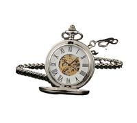 plyrmonth Reloj de bolsillo mecánico de doble cubierta delantera y trasera plateado con esfera de números romanos y reloj de bolsillo automático con cadena, adecuado para hombres y mujeres, regalos de