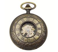 plyrmonth Reloj mecánico de bolsillo hueco de color bronce, cuerda manual clásica, esfera de números romanos con cadena y caja, unisex, regalo para cumpleaños, vacaciones, aniversarios.
