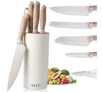 Plys Juego de Cuchillos: Juego de 6 Piezas, Incluye 2 Cuchillos de Cocina, 1 Cuchillo de Pan, 1 Par de Tijeras y Bloque de Cuchillos Universal, Juego de Cocina, Carne, Verduras y Frutas, Color Caqui