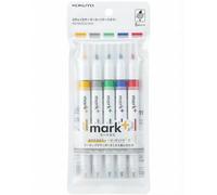 KOKUYO Marcador de 2 vías Vivid Highlighter 5 colores. Mark+ marcadores de doble punta, cincel de secado rápido, punta fina, paquete de 5 unidades, dorado, gris, verde claro, azul marino, rojo.