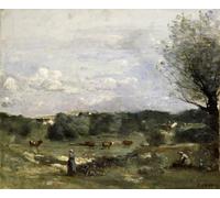 PMEFGJDPE Famoso Painting Cuadro Lienzos Fotos Prato con mucche un salice a destra e un villaggio lontano di Jean Baptiste Camille Corot para la Decoración de la Sala de Estar 60x90cm