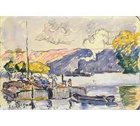 PMEFGJDPE Pinturas Famosas Impresiones de Lienzo Impresion Arte Pared Due chiatte Barca e rimorchiatore a Samois di Paul Signac para la Decoración del Hogar de la Oficina 60x90cm