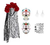 PMELCXD Diadema de Halloween,Diadema Flores Mexicana con Velo Negro y Accesorios para Halloween - Set Completo con Tatuajes y Pendientes de Calavera - Para Mujeres y Niñas