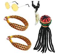 PMELCXD Disfraz de Bob Marley, Set Completo con Sombrero de Trenzas, Gafas Amarillas, Pulseras Tejidas y Collar, para Cosplay, Fiestas y Halloween, cómodo, Colorido y auténtico, Ideal p