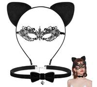 PMELCXD Disfraz de Gato Accesorios,Diadema con Orejas de Gato, Conjunto de Disfraz de Gata con Máscara de Encaje, Collar con Campanita, Accesorios para Fiesta, Color Negro