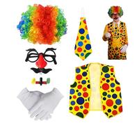 PMELCXD Disfraz Payaso Adulto Infantil 1 Set Completo Accesorios Coloridos con Peluca arcoíris, Chaleco Satinado, Nariz roja y Gafas para Fiestas y Carnaval