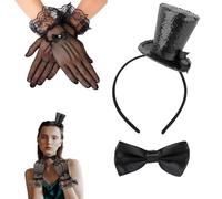 PMELCXD Sombrero de Copa Mini con Diadema, Lacito y Guantes de Encaje, Negro, para Bodas, Fiestas y Eventos Elegantes