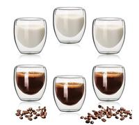 Pmueuff 6 Piezas Vasos Cafe Cristal, 80ML Vasos Doble Pared Cristal, Tazas de Café de Vidrio con Aislamiento de Doble Pared, Tazas de Cafe Cristals para Café Leche Té Latte Macchiato y Más