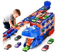 Pmueuff Camion Transportador Dinosaurios, Dino Transporter Truck Juguete con 12 Coches de Carreras Vehículo de Transporte de Dinosaurios Plegable y Portátil Regalo para Niños de 3 4 5 6 7 Años