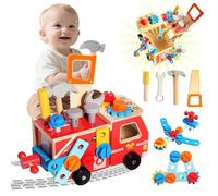 Pmueuff Herramientas Juguete Niños, 33 Piezas Caja Herramientas Juguetes Camión de Bomberos de Madera Juego Educativo Caja Manualidades Herramientas Bricolaje Regalo Niño Niñas 2 3 4 5 Años