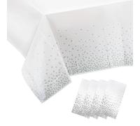 Pmueuff Mantel Desechable, 4 Piezas Mantel Blanco de Plástico con Lunares Plata Mantel Rectangular Impermeable Manteles Desechables para Fiestas, Cumpleaños, Aniversario, Bodas(137 x 274 cm)