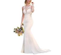 PMVRTHQV Vestido de Novia de Sirena, Vestido de Novia de Encaje, Registro Civil, Vestido de Novia Ordinario, Blanco, 34