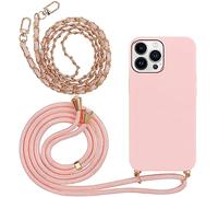 Pnakqil Funda con 2 Piezas Cuerda para Apple iPhone 13 Pro MAX, Carcasa con Cadena para Colgar Cordon Colgante Correa Cordón, Silicona Rosa Mate TPU Bumper Capa AntiChoque Cover