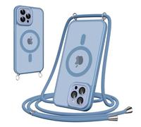 Pnakqil Funda Magnética con Cuerda para iPhone 12 Pro, Carcasa Antigolpes Case Translúcida Mate Anti-Arañazos, Cover con Correa Colgante Ajustable Collar Colgar de Cuello Cadena Cordón, Azul Claro