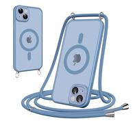 Pnakqil Funda Magnética con Cuerda para iPhone 15, Carcasa Antigolpes Case Translúcida Mate Anti-Arañazos, Cover con Correa Colgante Ajustable Collar Colgar de Cuello Cadena Cordón, Azul Claro