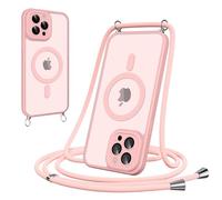 Pnakqil Funda Magnética con Cuerda para iPhone 15 Pro MAX, Carcasa Antigolpes Case Translúcida Mate Anti-Arañazos, Cover con Correa Colgante Ajustable Collar Colgar de Cuello Cadena Cordón, Rosa