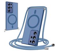 Pnakqil Funda Magnética con Cuerda para Samsung Galaxy S22 Ultra 5G,Carcasa Antigolpes Case Translúcida Mate,Cover con Correa Colgante Ajustable Collar Colgar de Cuello Cadena Cordón,Azul