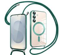 Pnakqil Funda Magnética con Cuerda para Samsung Galaxy S25 Plus Compatible con MagSafe Carga Inalámbrica, Carcasa Transparente Silicona Ultra Delgada con Collar Correa Protectora Case, Verde