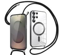 Pnakqil Funda Magnética con Cuerda para Samsung Galaxy S25 Ultra Compatible con MagSafe Carga Inalámbrica, Carcasa Transparente Silicona Ultra Delgada con Collar Correa Protectora Case, Negro