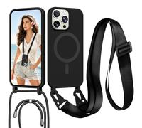 Pnakqil Funda Magnética para iPhone 13 Pro con Cuerda, Carcasa Suave Silicona Case Antichoque con Correa, Compatible con MagSafe, Colgante Ajustable Collar de Cuello Cadena Cordón, Negro