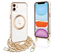 Pnakqil Funda para iPhone 11 con Cuerda, Compatible con MagSafe, Magnética Silicona Love-Heart Patrón Carcasa con Cadena de Metal para Colgar Collar para iPhone 11, Correa Colgante- Blanco Oro