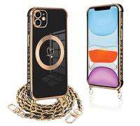 Pnakqil Funda para iPhone 11 con Cuerda, Compatible con MagSafe, Magnética Silicona Love-Heart Patrón Carcasa con Cadena de Metal para Colgar Collar para iPhone 11, Correa Colgante- Negro Oro