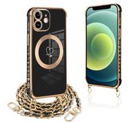 Pnakqil Funda para iPhone 12 con Cuerda, Compatible con MagSafe, Magnética Silicona Love-Heart Patrón Carcasa con Cadena de Metal para Colgar Collar para iPhone 12, Correa Colgante- Negro Oro