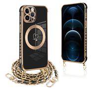 Pnakqil Funda para iPhone 12 Pro con Cuerda, Compatible con MagSafe, Magnética Silicona Love-Heart Patrón Carcasa con Cadena de Metal para Colgar Collar para iPhone 12 Pro, Correa Colgante- Negro Oro