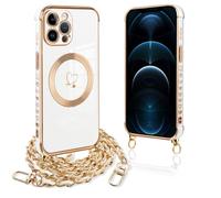 Pnakqil Funda para iPhone 12 Pro con Cuerda, Compatible con MagSafe, Magnética Silicona Love-Heart Patrón Carcasa con Cadena de Metal para Colgar Collar para iPhone 12 Pro, Correa Colgante- Blanco oro