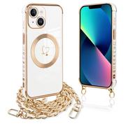 Pnakqil Funda para iPhone 13 con Cuerda, Compatible con MagSafe, Magnética Silicona Love-Heart Patrón Carcasa con Cadena de Metal para Colgar Collar para iPhone 13, Correa Colgante- Blanco Oro