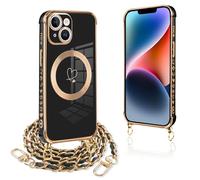 Pnakqil Funda para iPhone 14 con Cuerda, Compatible con MagSafe, Magnética Silicona Love-Heart Patrón Carcasa con Cadena de Metal para Colgar Collar para iPhone 14, Correa Colgante- Negro Oro