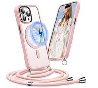 Pnakqil Funda para iPhone 14 Pro con Cordón, Compatible con MagSafe, Carcasa Magnética Transparente con Correa Regulable & Desmontable, Funda Anti-Pérdida con Bandolera para iPhone 14 Pro, Rosa
