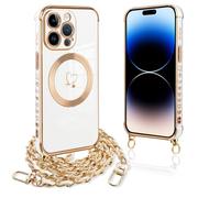 Pnakqil Funda para iPhone 14 Pro con Cuerda, Compatible con MagSafe, Magnética Silicona Love-Heart Patrón Carcasa con Cadena de Metal para Colgar Collar para iPhone 14Pro, Correa Colgante- Blanco Oro