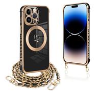 Pnakqil Funda para iPhone 14 Pro con Cuerda, Compatible con MagSafe, Magnética Silicona Love-Heart Patrón Carcasa con Cadena de Metal para Colgar Collar para iPhone 14Pro, Correa Colgante- Negro Oro