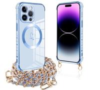 Pnakqil Funda para iPhone 14 Pro MAX con Cuerda, Compatible con MagSafe, Magnética Silicona Love-Heart Patrón Carcasa con Cadena de Metal para Colgar Collar para iPhone 14Pro MAX, Azul Oro