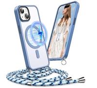 Pnakqil Funda para iPhone 15 con Cuerda, Compatible con MagSafe, Carcasa Silicona Magnética Mate Traslúcida con Cordón Ajustable, Tacto Suave Anti-Huellas & Antigolpes Case Colgante, Azul