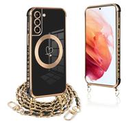 Pnakqil Funda para Samsung Galaxy S21 5G con Cuerda, Compatible con MagSafe, Magnética Silicona Love-Heart Patrón Carcasa con Cadena de Metal para Colgar Collar para Samsung S21, Correa - Negro Oro