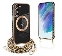 Pnakqil Funda para Samsung Galaxy S21 FE 5G con Cuerda, Compatible con MagSafe, Magnética Silicona Love-Heart Patrón Carcasa con Cadena de Metal para Colgar Collar, Correa Colgante- Negro Oro